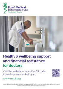 A preview image of our poster. The image is of a doctor leaning over a sink in a hospital, looking exhausted. The text is "Health & wellbeing support and financial assistance for doctors."