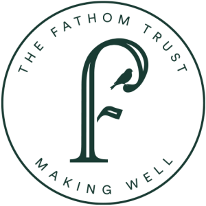 The logo of the Fathom Trust. A stylised lower case "F" in a circle, with a small bird perched in the upper loop. Text reads "The Fathom Trust - Making Well"