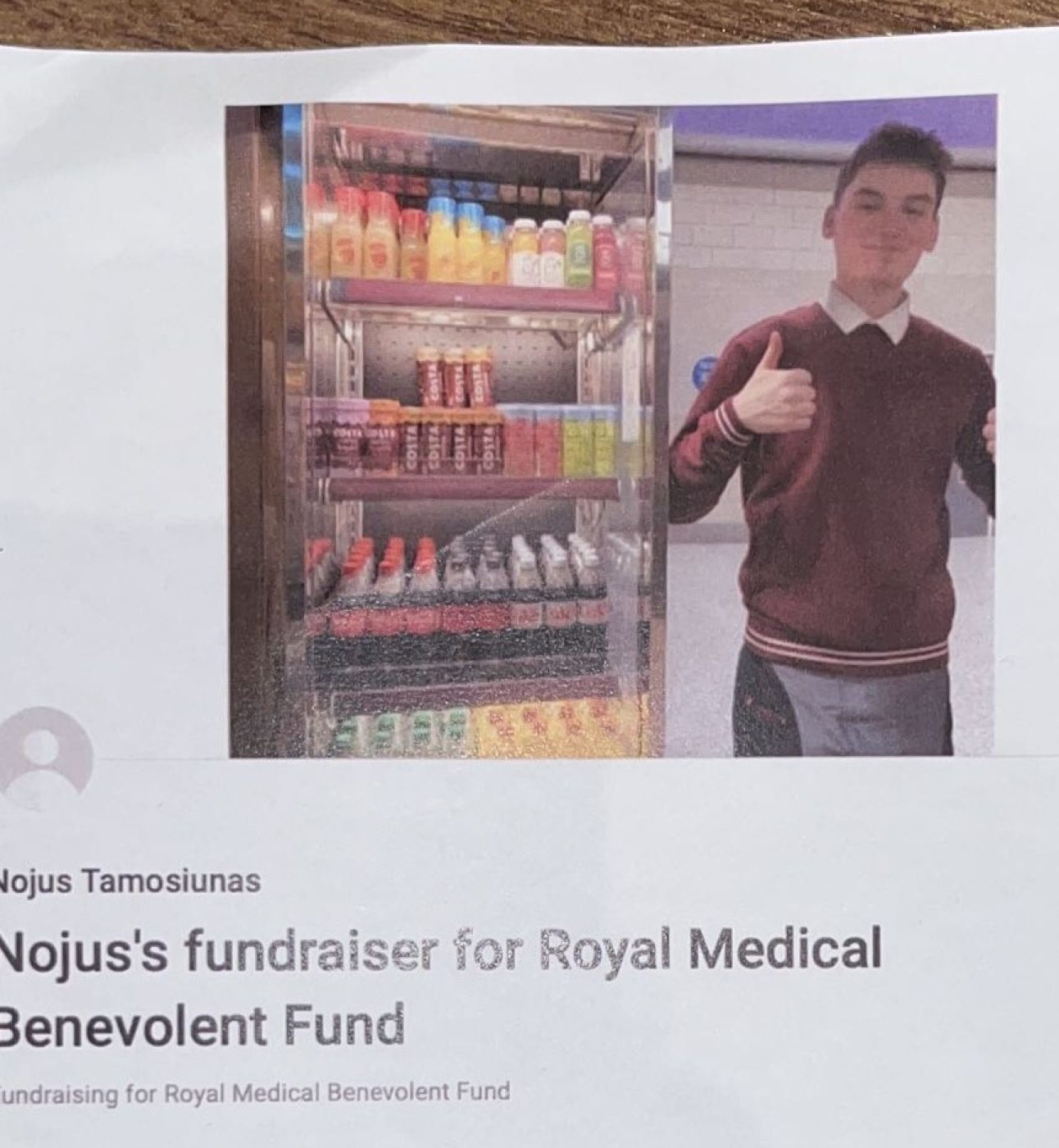 A photo of Nojus' fundraising flyer