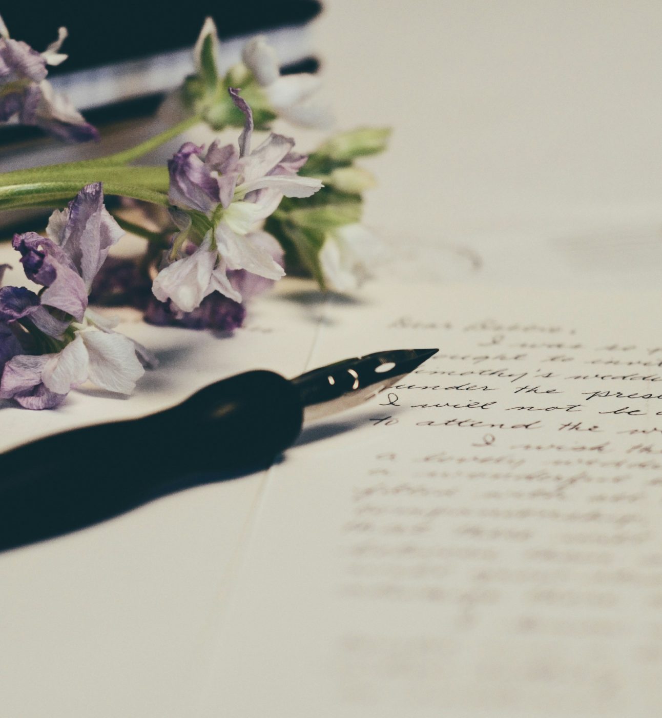 A handwritten document or letter. A fountain pen rests on the paper, as well as some purple flowers.