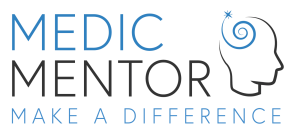 The Medic Mentor logo. In blue and black text, it says "Medic Mentor: Make a Difference." There is a simple graphic, the black outline of a head, with a blue swirl in the middle.