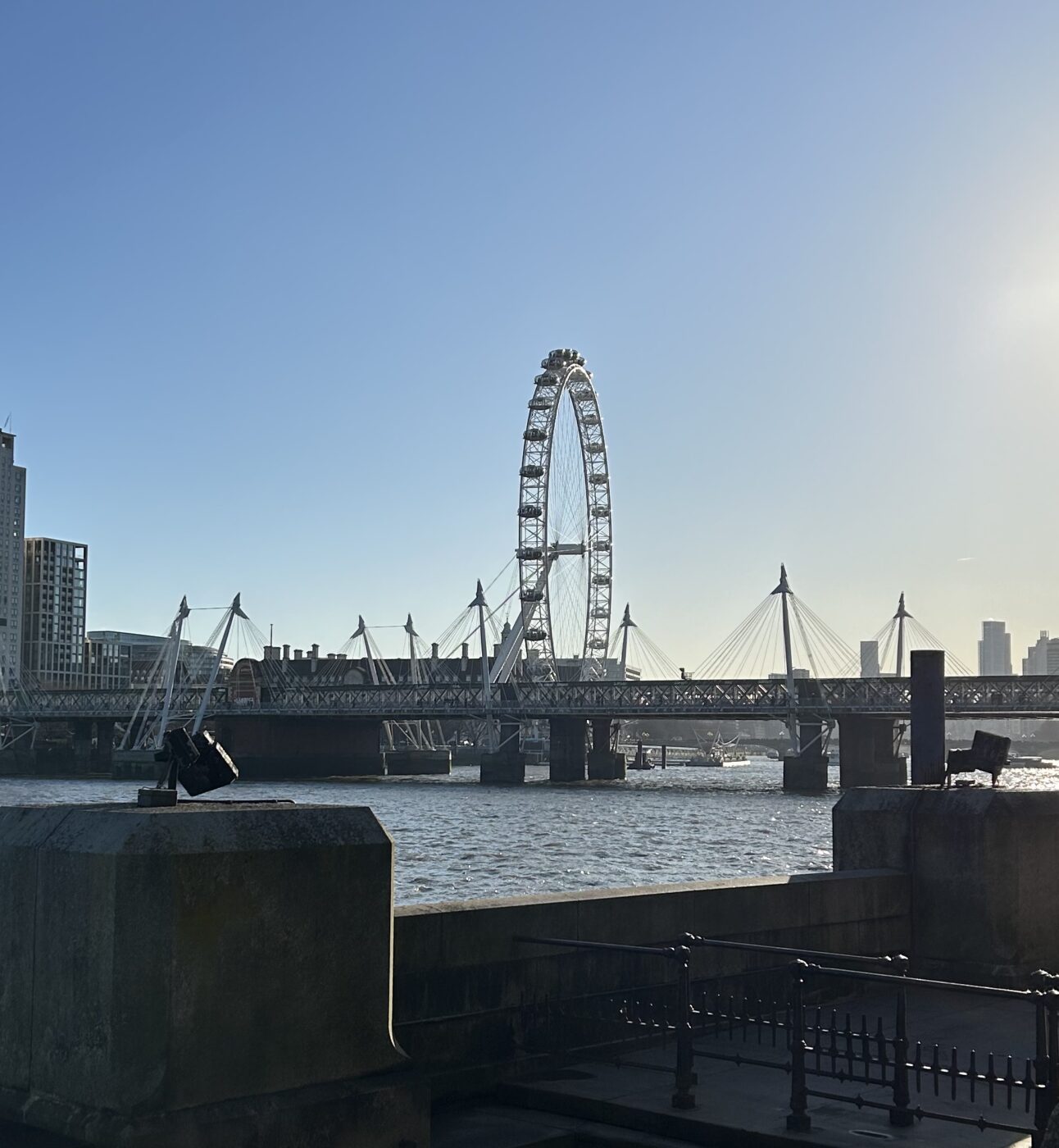 View of the London Eye over the Thames, on a sunny day