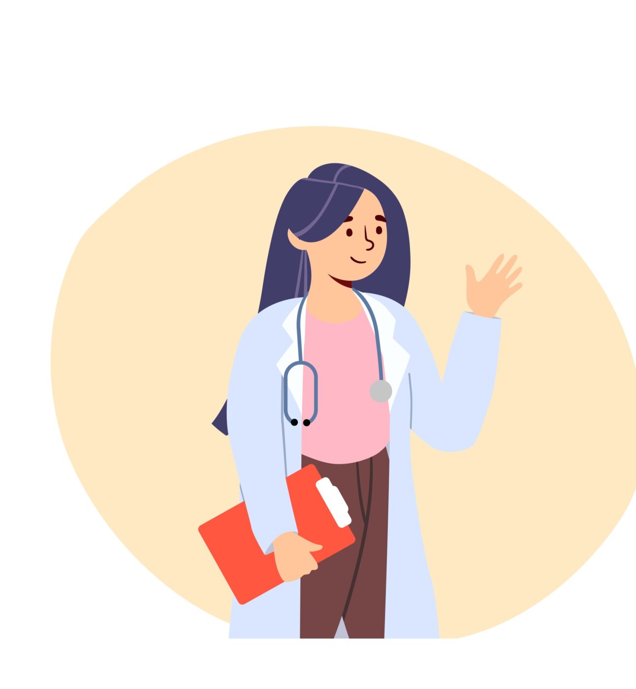 A stylised illustration of a young woman with a lab coat, stethoscope and clipboard