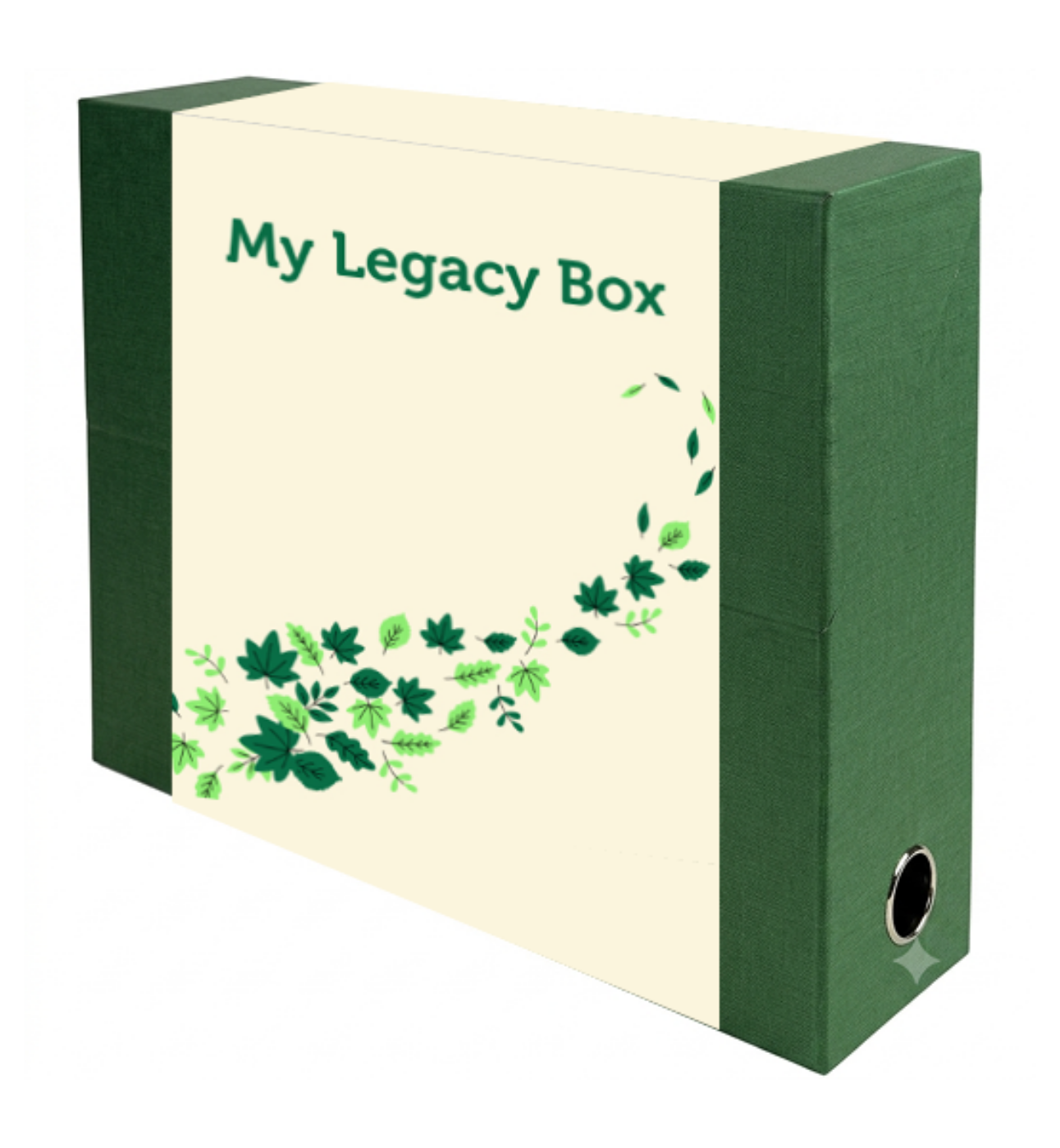 A green box with an off-white sleeve round it saying 'My Legacy Box' and featuring a scattering of green leaves